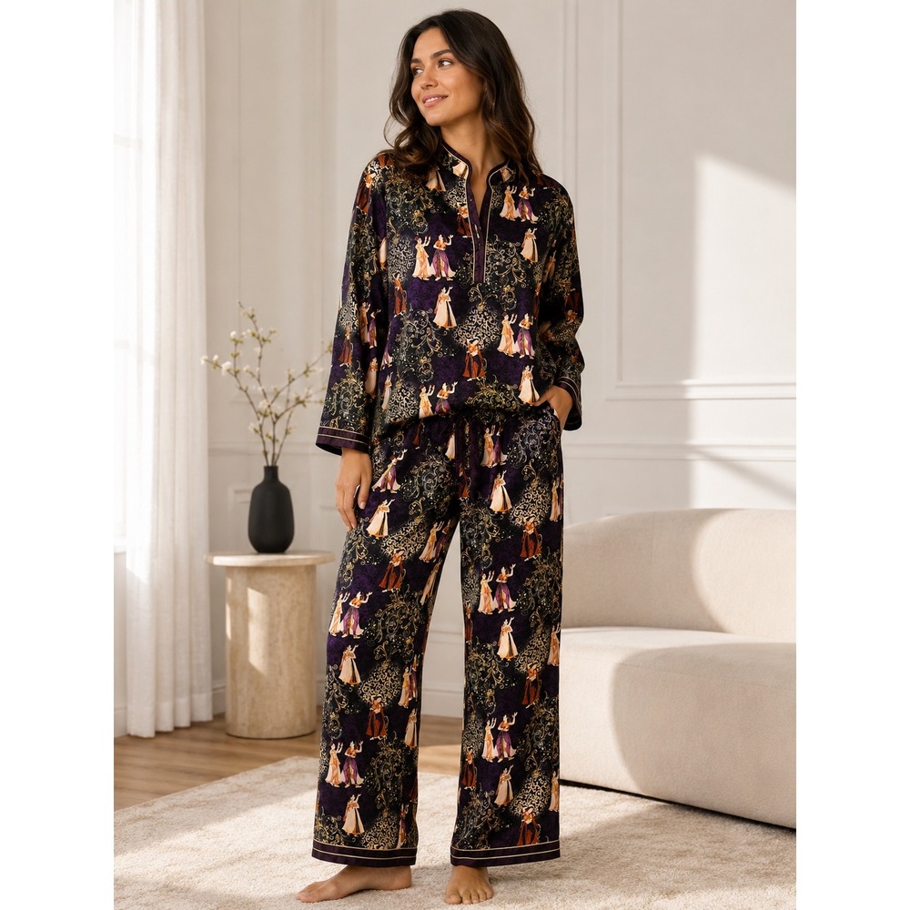 Natori Purple Satin Geisha Print Pajama Set Tunic Top Wide Leg Pants Size M